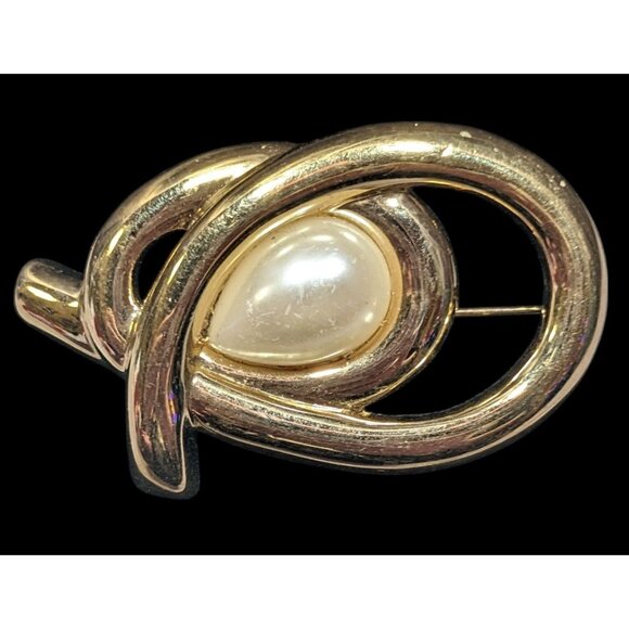 Vintage Abstract Gold Tone Brooch With Faux Pearl Accent - Picture 1 of 4